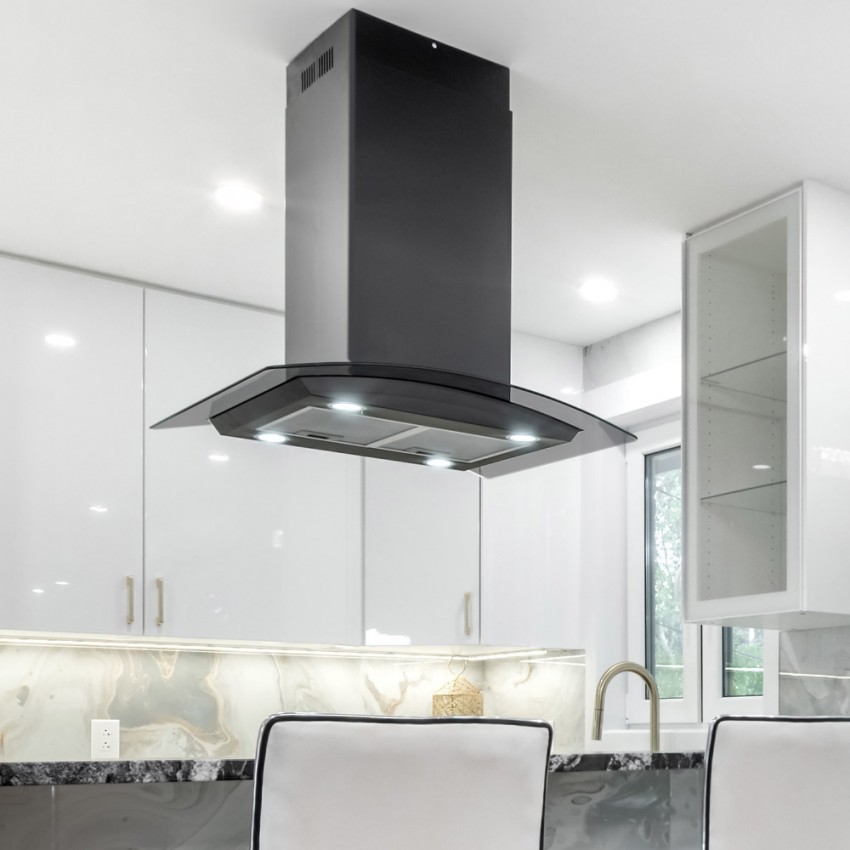 Black stainless steel island deals range hood